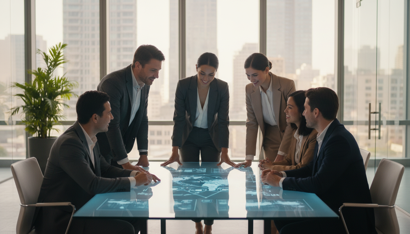 Diverse team collaborating around digital display
